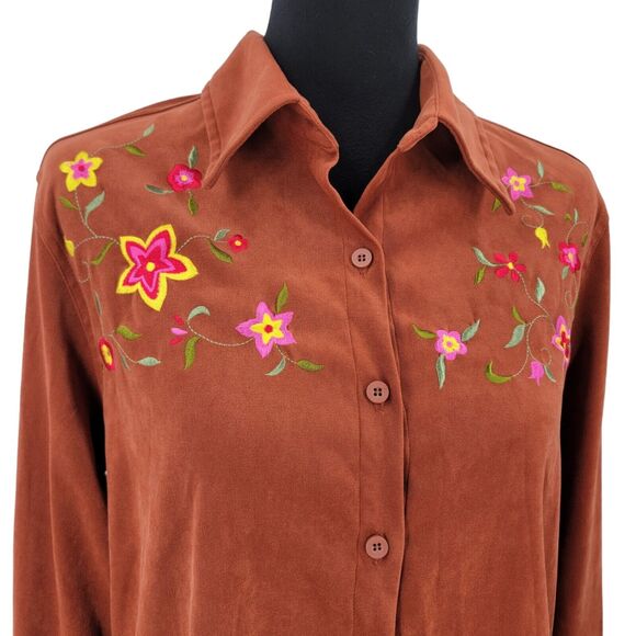 Courtenay Stretch Shirt Women's 6 Embroidered Button Up Faux Suede Brown - Picture 6 of 13